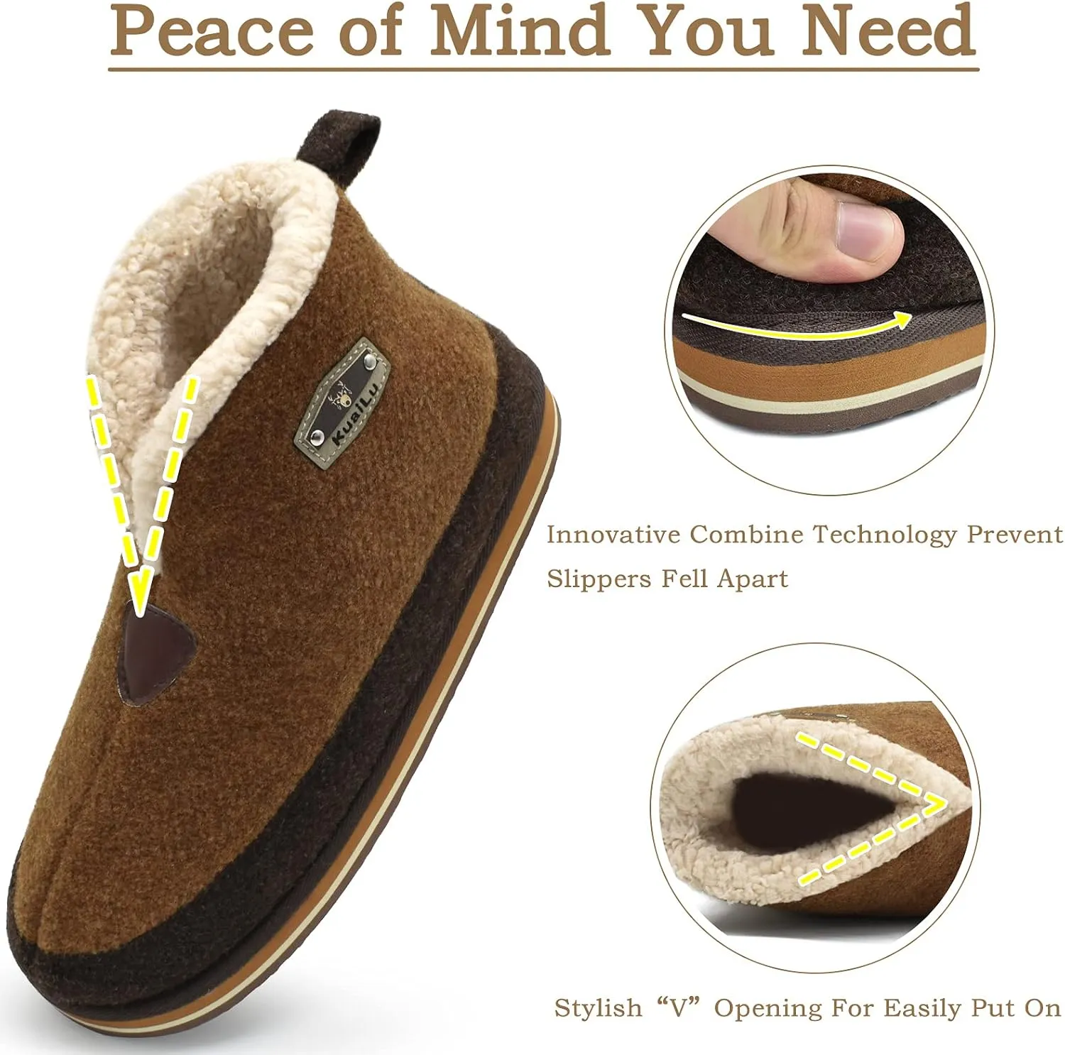 KuaiLu Mens Winter Slippers Memory Foam Slipper Boots for Men Cozy Felt Wool House Booties with Warm Sherpa Plush Lining Non-slip Rubber Sole Indoor Outdoor 7-14