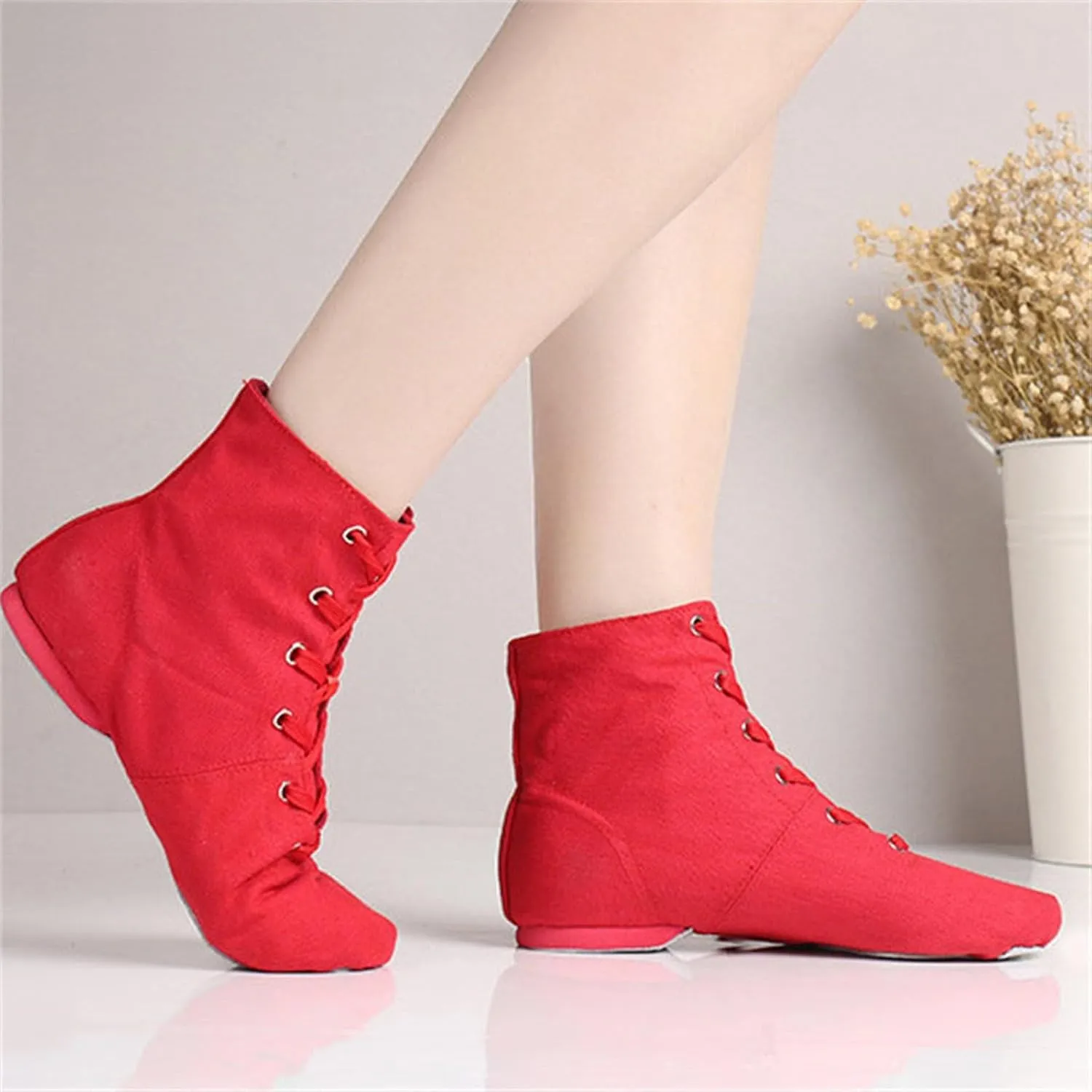Lace up Jazz Boots Women Canvas Dance Boots Black Jazz Shoes For Men Ballroom Dance Flat with Split Sole