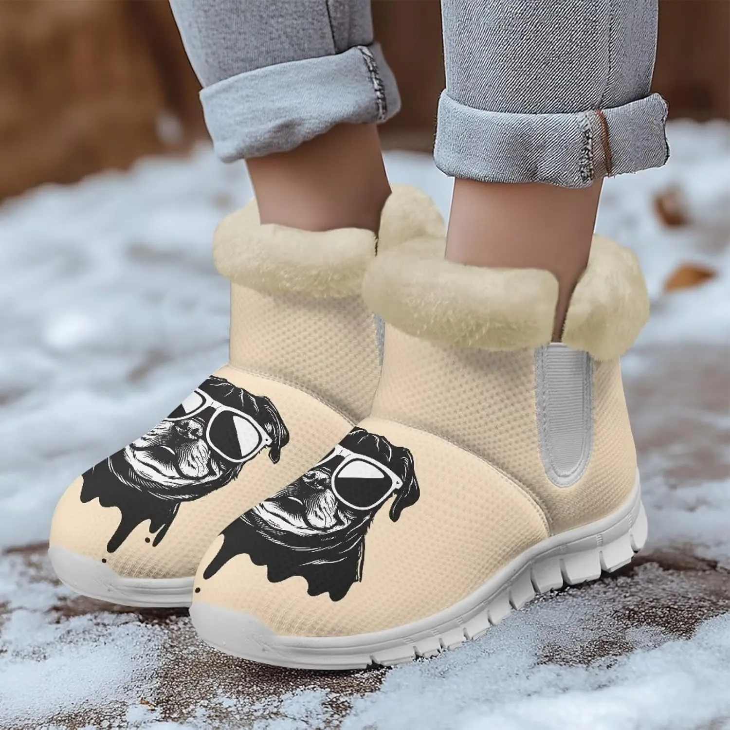 Ladies Snow Boots White Sole Mini Boots Warm Fur Lining Outdoor Shoes Comfortable Ankle Booties Winter Boots