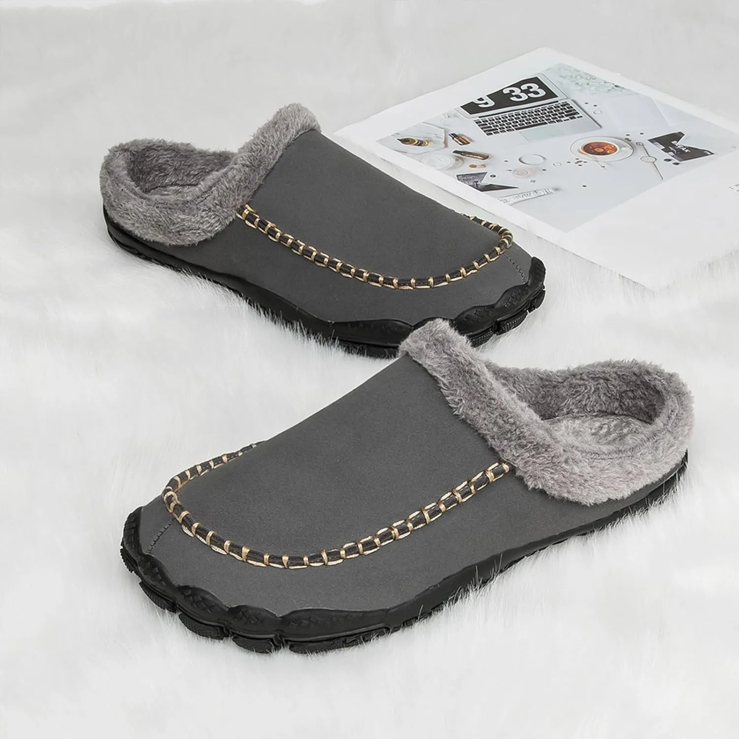 Lossarye Men's Winter Warm Moccasin Slippers,Slip-on Memory Foam Lightweight Anti-Slip Cozy Fuzzy House Slippers Wide Indoor Outdoor Shoes