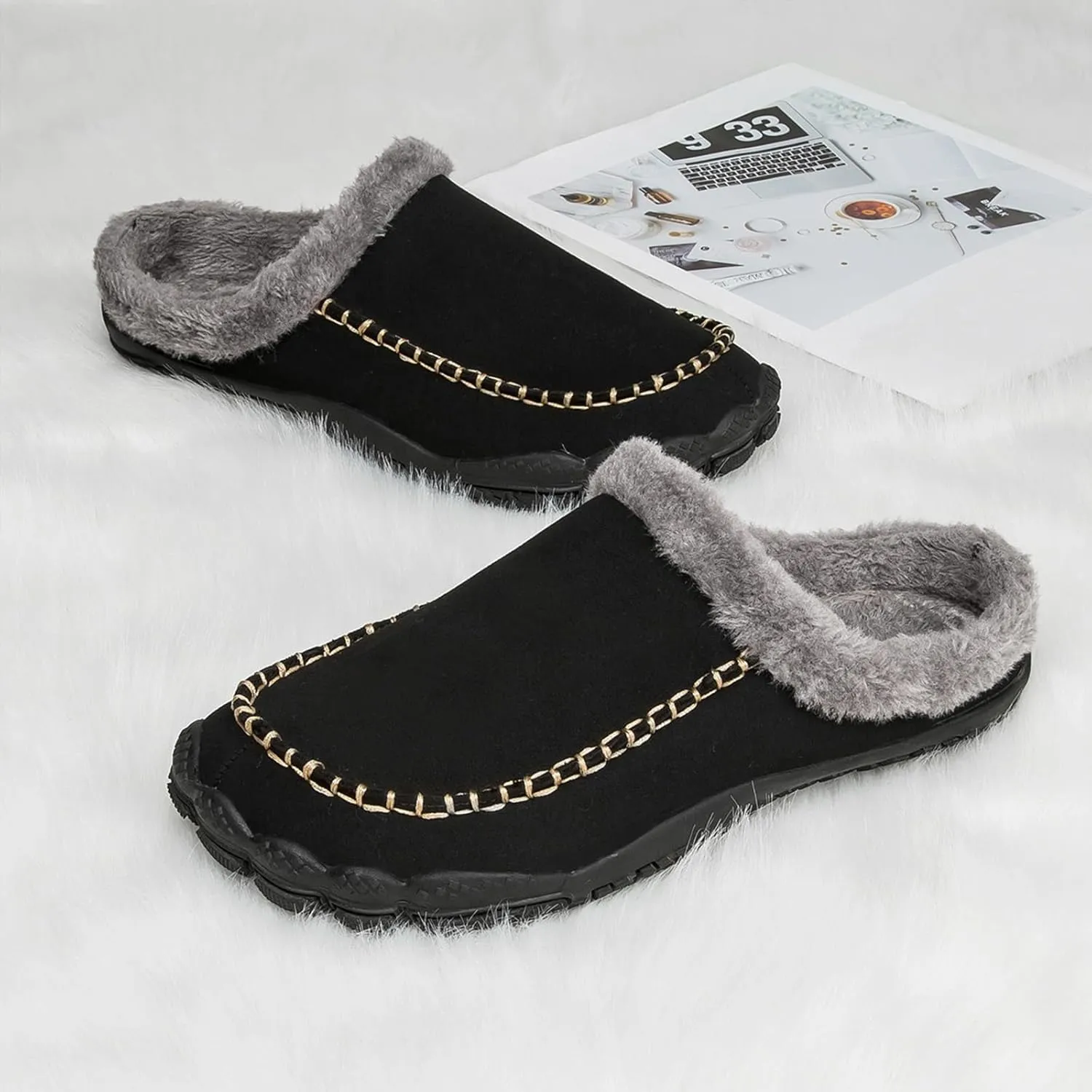 Lossarye Men's Winter Warm Moccasin Slippers,Slip-on Memory Foam Lightweight Anti-Slip Cozy Fuzzy House Slippers Wide Indoor Outdoor Shoes