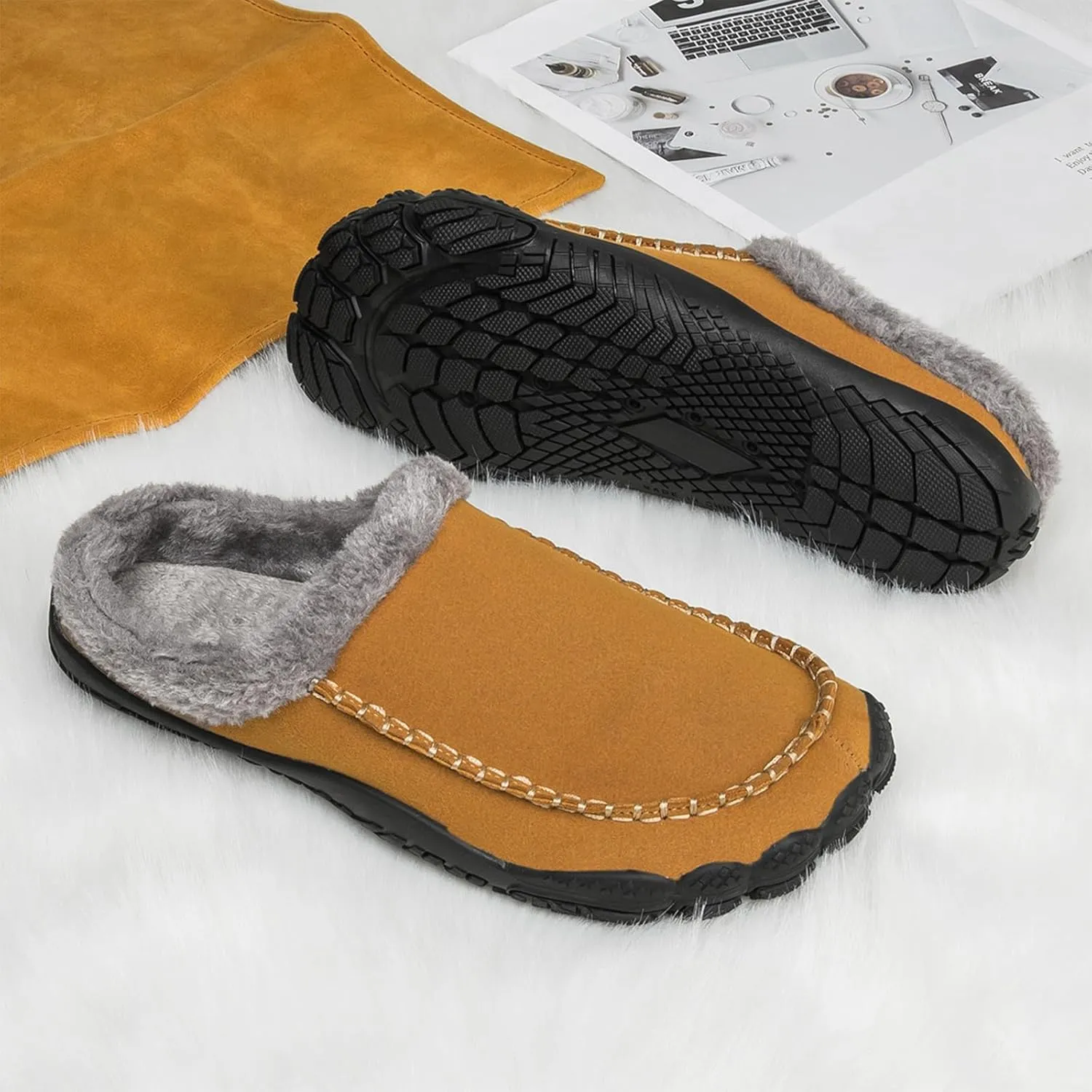 Lossarye Men's Winter Warm Moccasin Slippers,Slip-on Memory Foam Lightweight Anti-Slip Cozy Fuzzy House Slippers Wide Indoor Outdoor Shoes