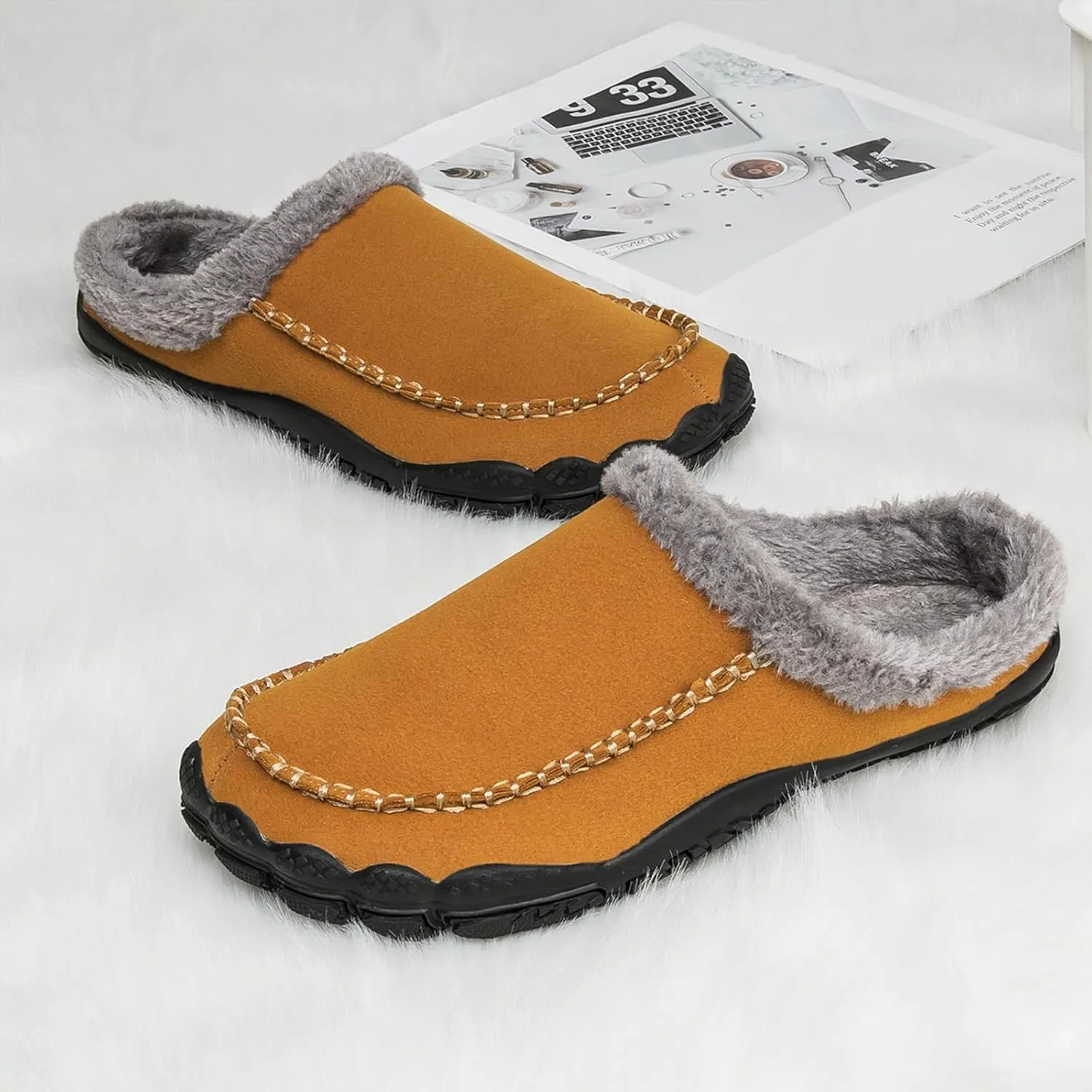 Lossarye Men's Winter Warm Moccasin Slippers,Slip-on Memory Foam Lightweight Anti-Slip Cozy Fuzzy House Slippers Wide Indoor Outdoor Shoes