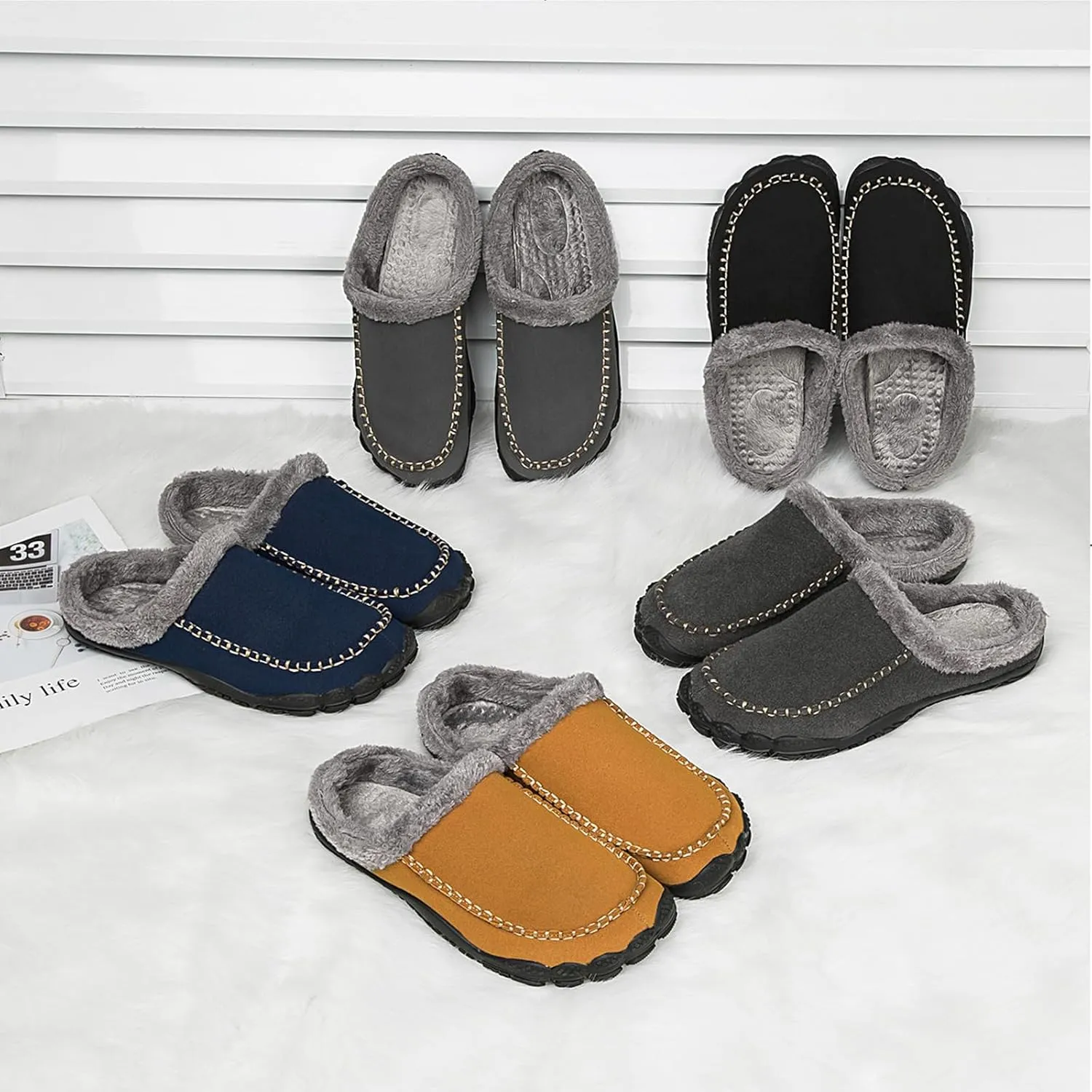 Lossarye Men's Winter Warm Moccasin Slippers,Slip-on Memory Foam Lightweight Anti-Slip Cozy Fuzzy House Slippers Wide Indoor Outdoor Shoes
