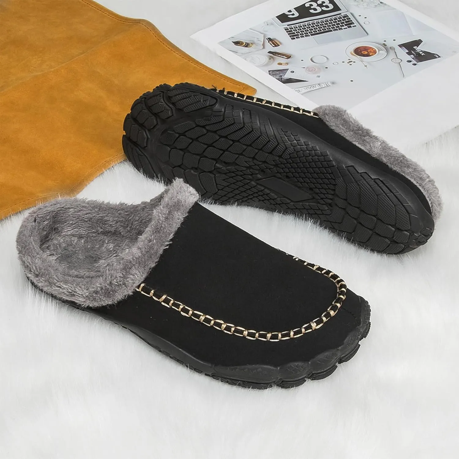 Lossarye Men's Winter Warm Moccasin Slippers,Slip-on Memory Foam Lightweight Anti-Slip Cozy Fuzzy House Slippers Wide Indoor Outdoor Shoes