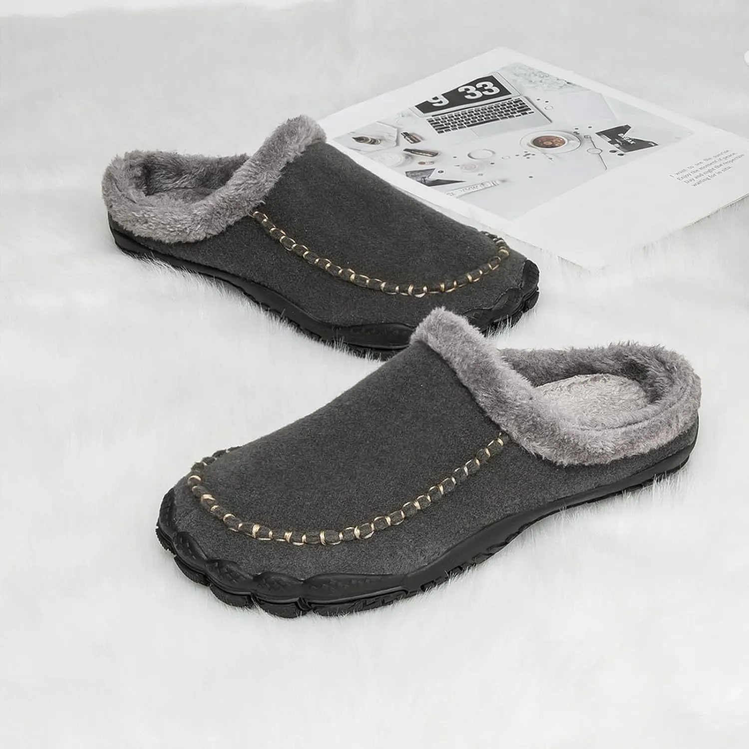 Lossarye Men's Winter Warm Moccasin Slippers,Slip-on Memory Foam Lightweight Anti-Slip Cozy Fuzzy House Slippers Wide Indoor Outdoor Shoes