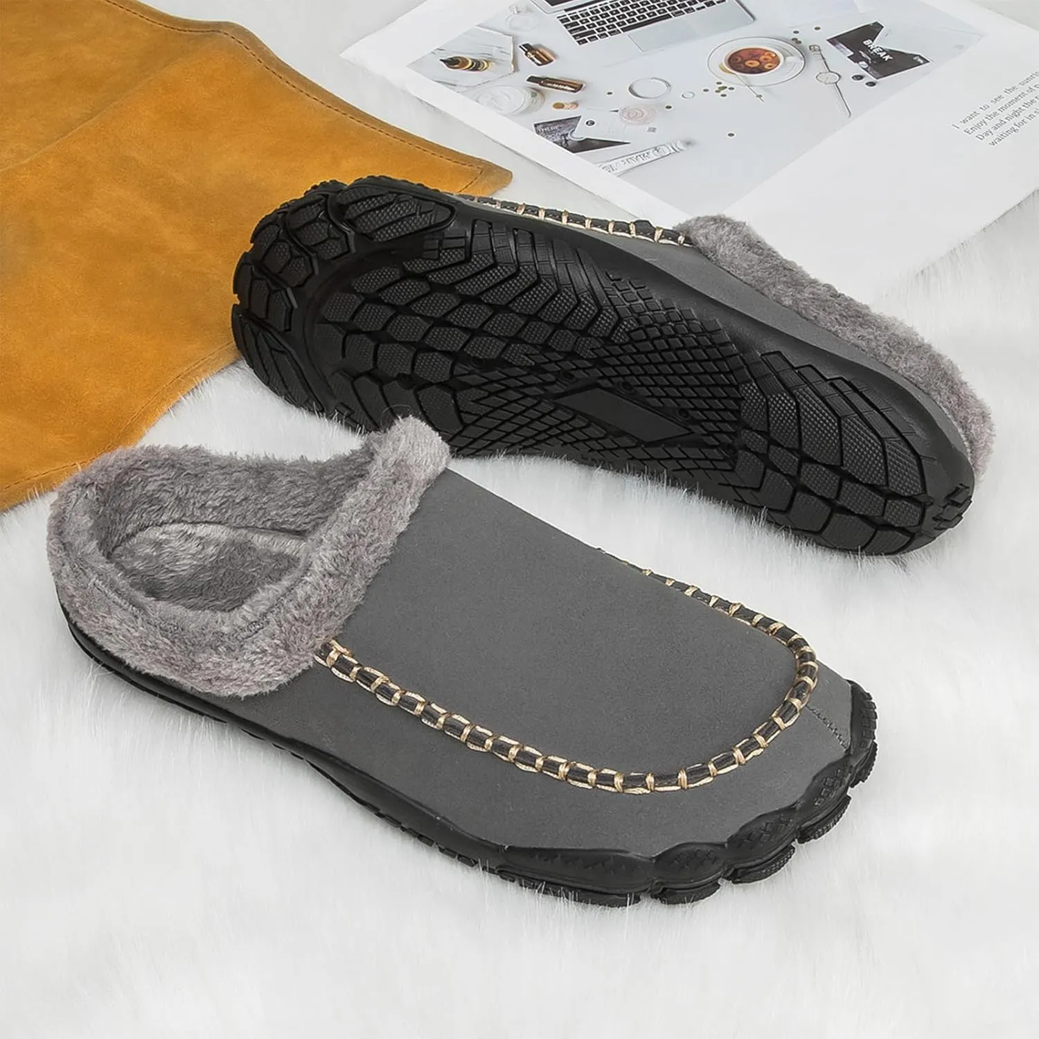 Lossarye Men's Winter Warm Moccasin Slippers,Slip-on Memory Foam Lightweight Anti-Slip Cozy Fuzzy House Slippers Wide Indoor Outdoor Shoes