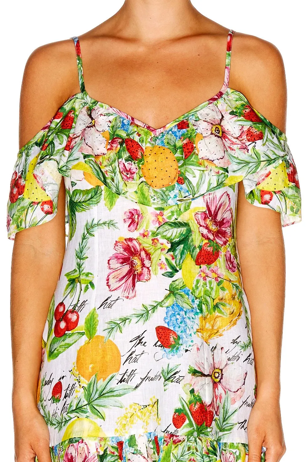 LOW V BACK DRESS WITH FRILL THERE'S NO PLACE LIKE RIO