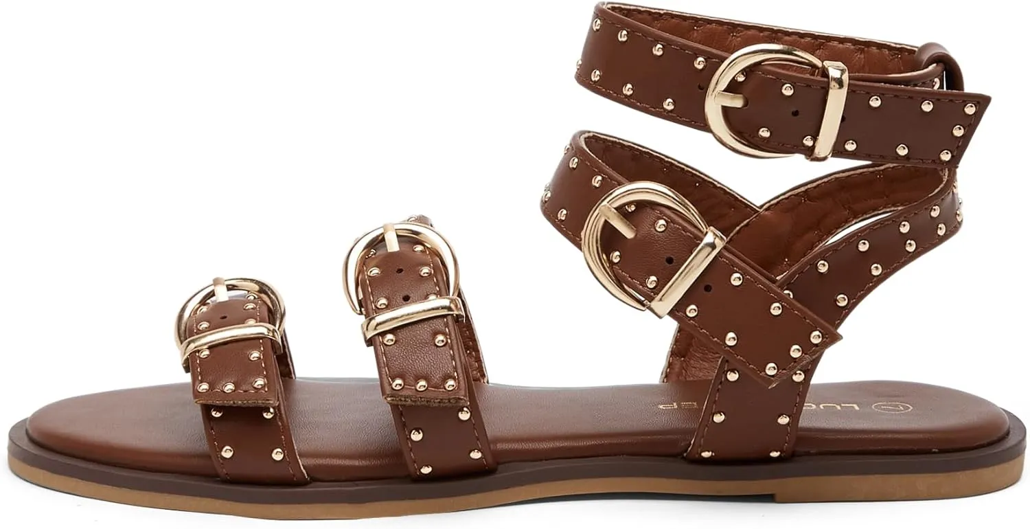 LUCKY STEP Women's Rhinestone Buckle Flat Sandals Open Toe Gladiator Casual Shoes Ankle Strap Summer Fisherman Sandal