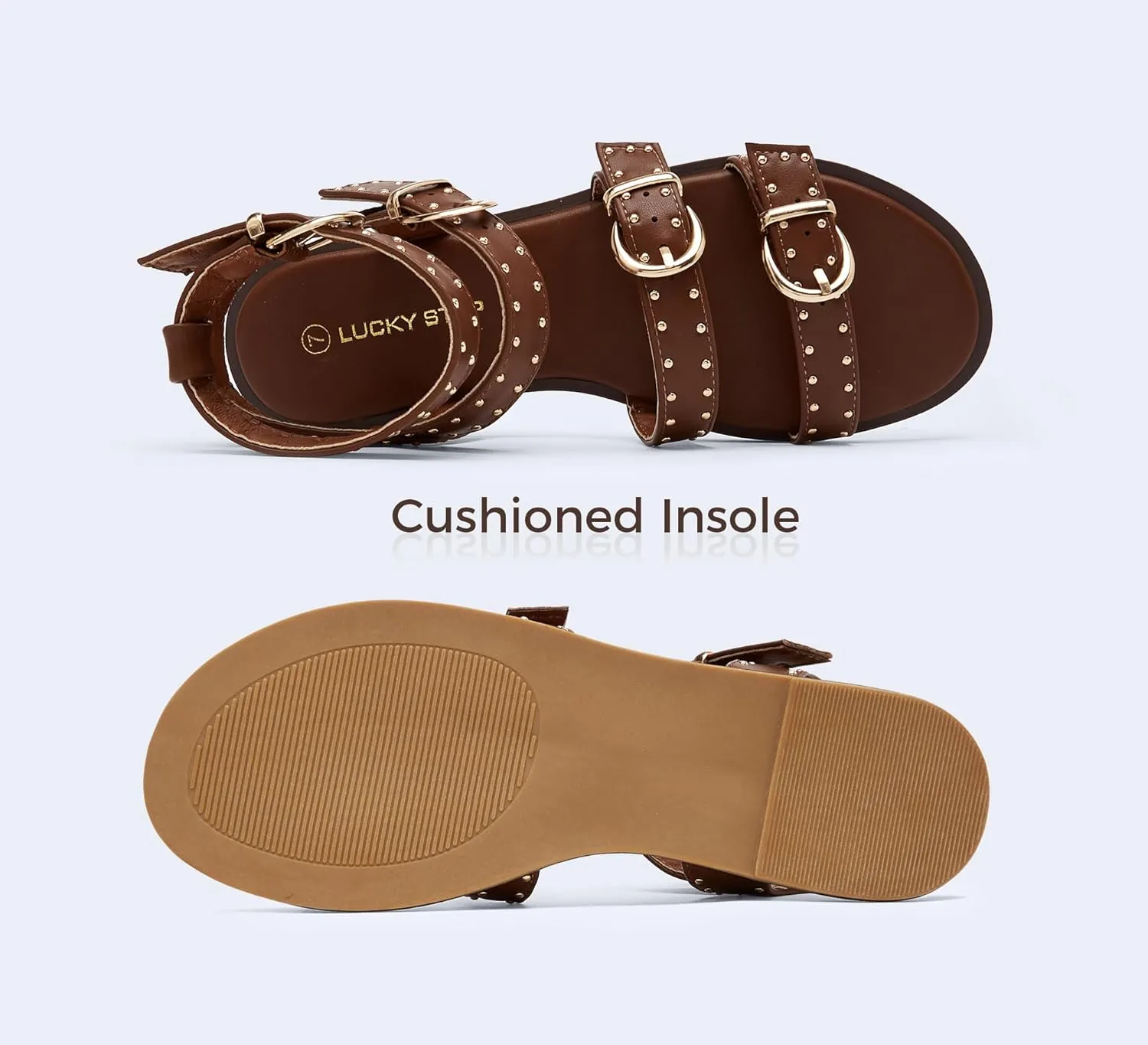 LUCKY STEP Women's Rhinestone Buckle Flat Sandals Open Toe Gladiator Casual Shoes Ankle Strap Summer Fisherman Sandal