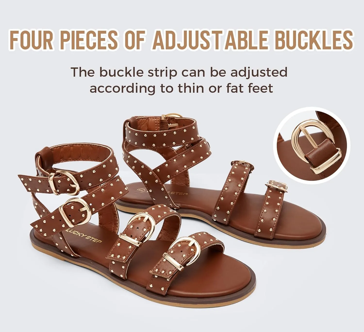 LUCKY STEP Women's Rhinestone Buckle Flat Sandals Open Toe Gladiator Casual Shoes Ankle Strap Summer Fisherman Sandal