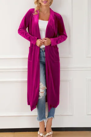 Luxurious Feel Open Front Long Velvet Cardigan