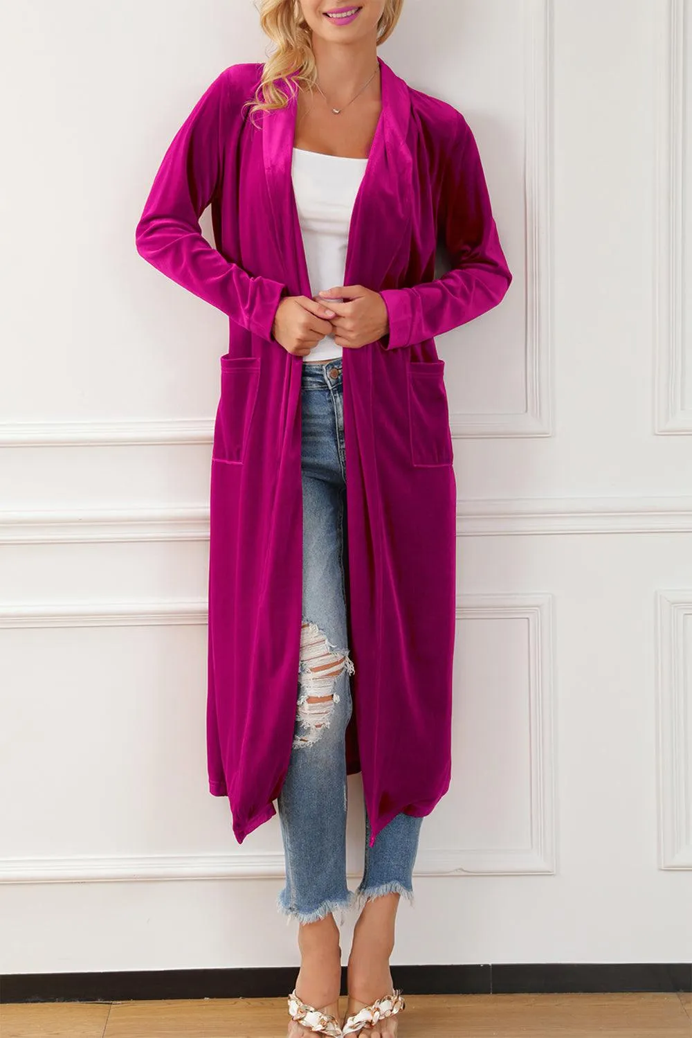 Luxurious Feel Open Front Long Velvet Cardigan