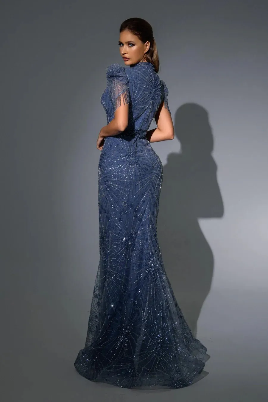 Luxurious khaki Sequin Evening Gown with Fringe Sleeves - Pretty Sequin Dress and Designer Sequin Gown Plus Size