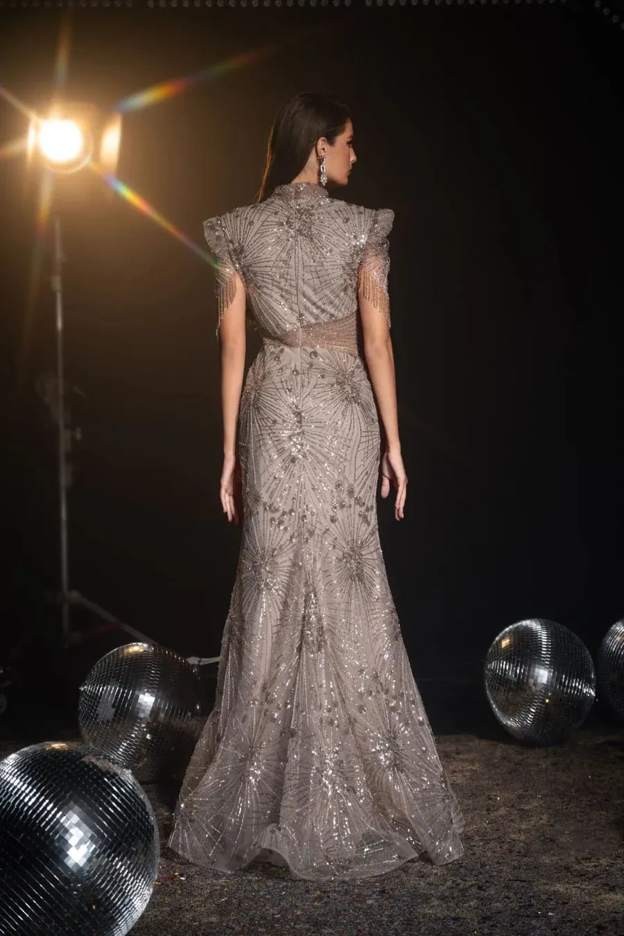 Luxurious khaki Sequin Evening Gown with Fringe Sleeves - Pretty Sequin Dress and Designer Sequin Gown Plus Size