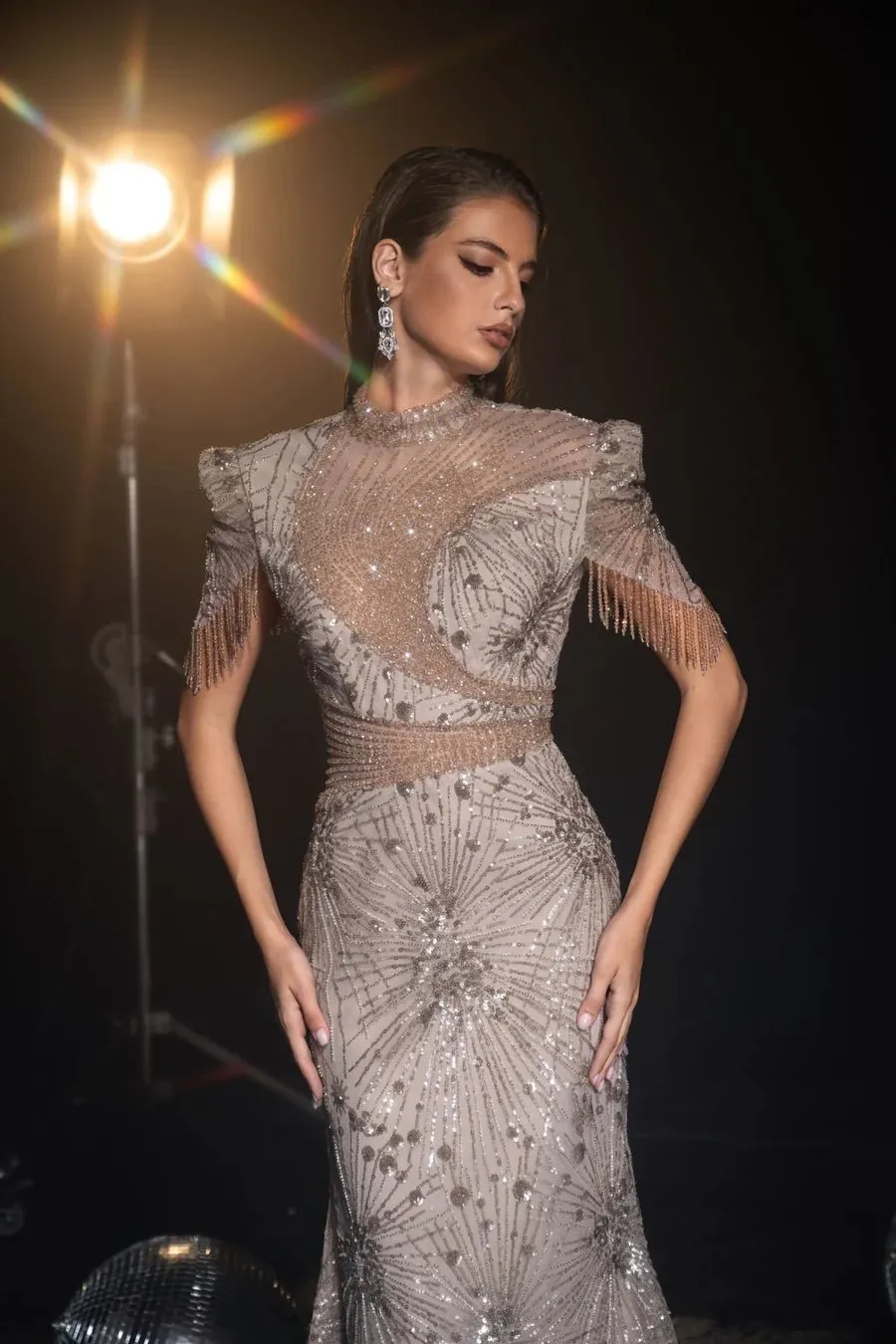 Luxurious khaki Sequin Evening Gown with Fringe Sleeves - Pretty Sequin Dress and Designer Sequin Gown Plus Size