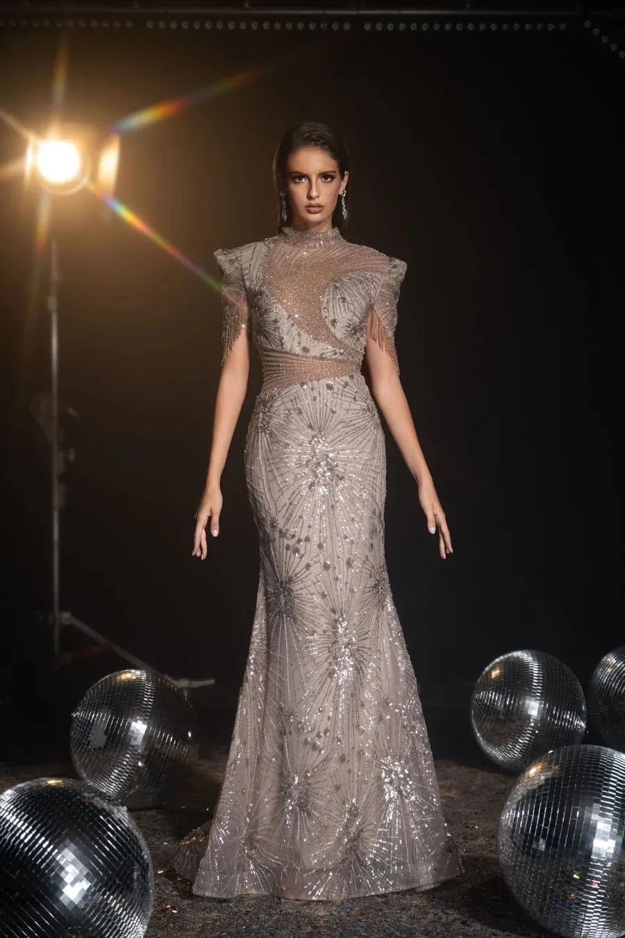 Luxurious khaki Sequin Evening Gown with Fringe Sleeves - Pretty Sequin Dress and Designer Sequin Gown Plus Size