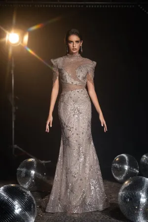 Luxurious khaki Sequin Evening Gown with Fringe Sleeves - Pretty Sequin Dress and Designer Sequin Gown Plus Size