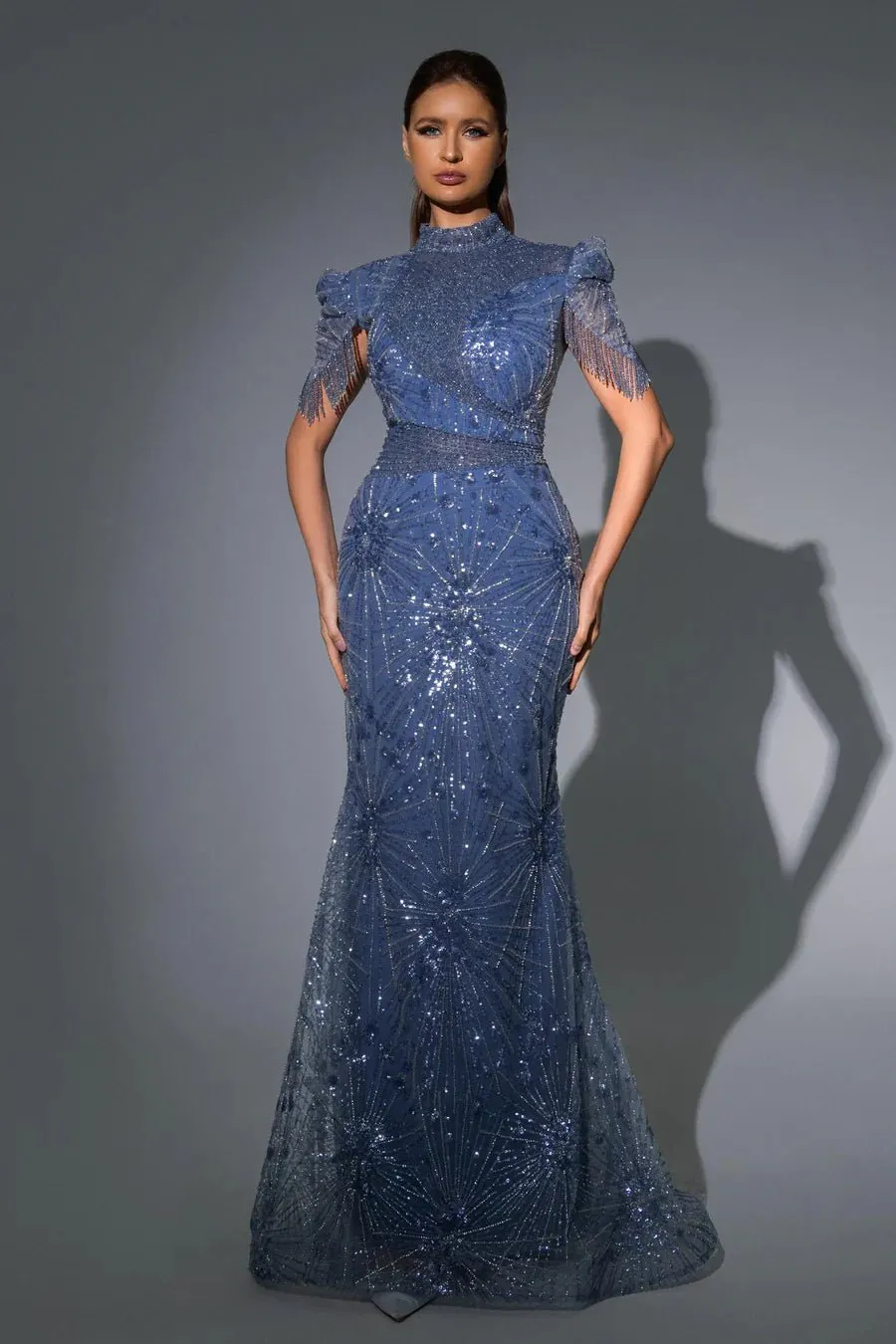 Luxurious khaki Sequin Evening Gown with Fringe Sleeves - Pretty Sequin Dress and Designer Sequin Gown Plus Size