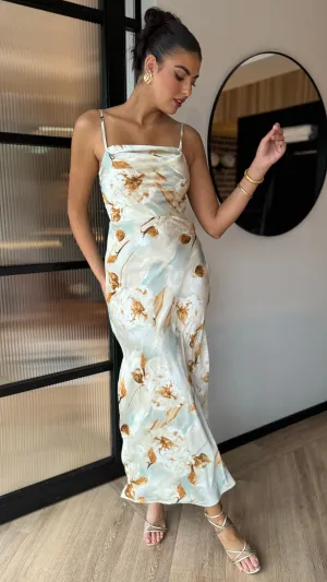 Martina Light Green Multi Blossom Print Strappy Slip Midi Dress
