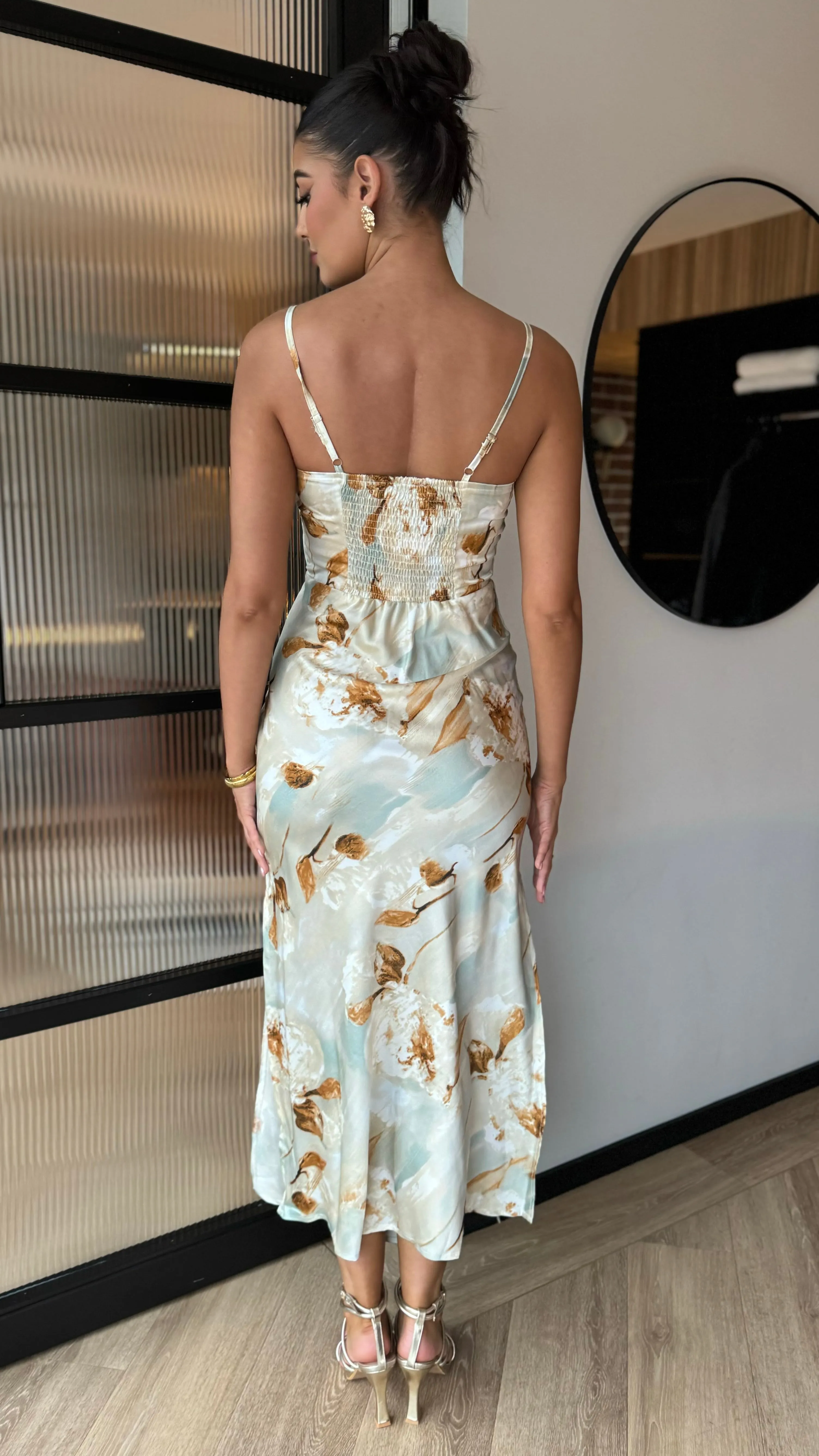 Martina Light Green Multi Blossom Print Strappy Slip Midi Dress