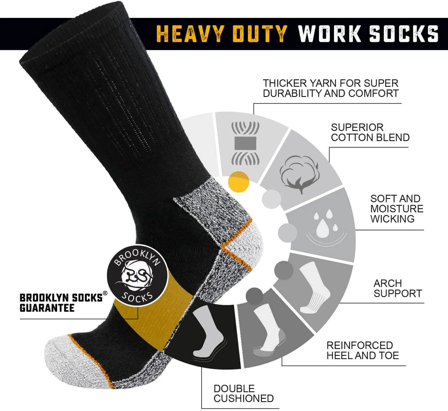 Mens Heavy Duty Steel Toe Work Cotton Socks, Thick Triple Cushioned Crew Socks