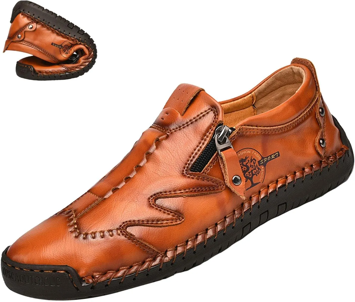 Men's Slip On Loafers Leather Casual Shoes,Lightweight Comfy Vintage Hand-Stitching Zip Driving Walking Sneakers