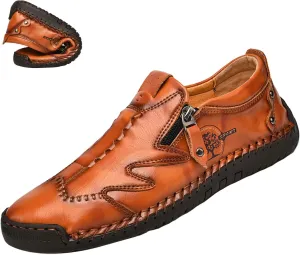 Men's Slip On Loafers Leather Casual Shoes,Lightweight Comfy Vintage Hand-Stitching Zip Driving Walking Sneakers