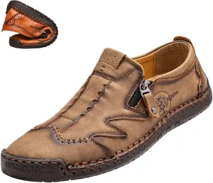 Men's Slip On Loafers Leather Casual Shoes,Lightweight Comfy Vintage Hand-Stitching Zip Driving Walking Sneakers