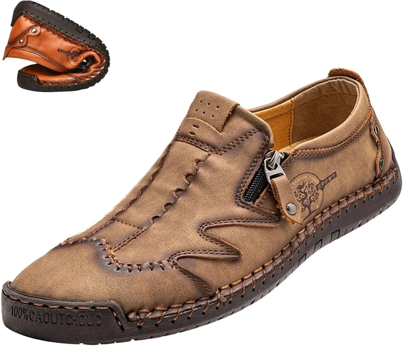 Men's Slip On Loafers Leather Casual Shoes,Lightweight Comfy Vintage Hand-Stitching Zip Driving Walking Sneakers