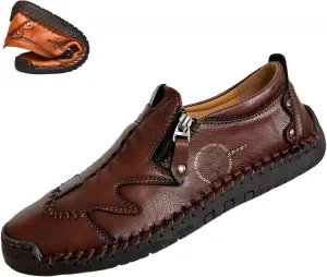 Men's Slip On Loafers Leather Casual Shoes,Lightweight Comfy Vintage Hand-Stitching Zip Driving Walking Sneakers