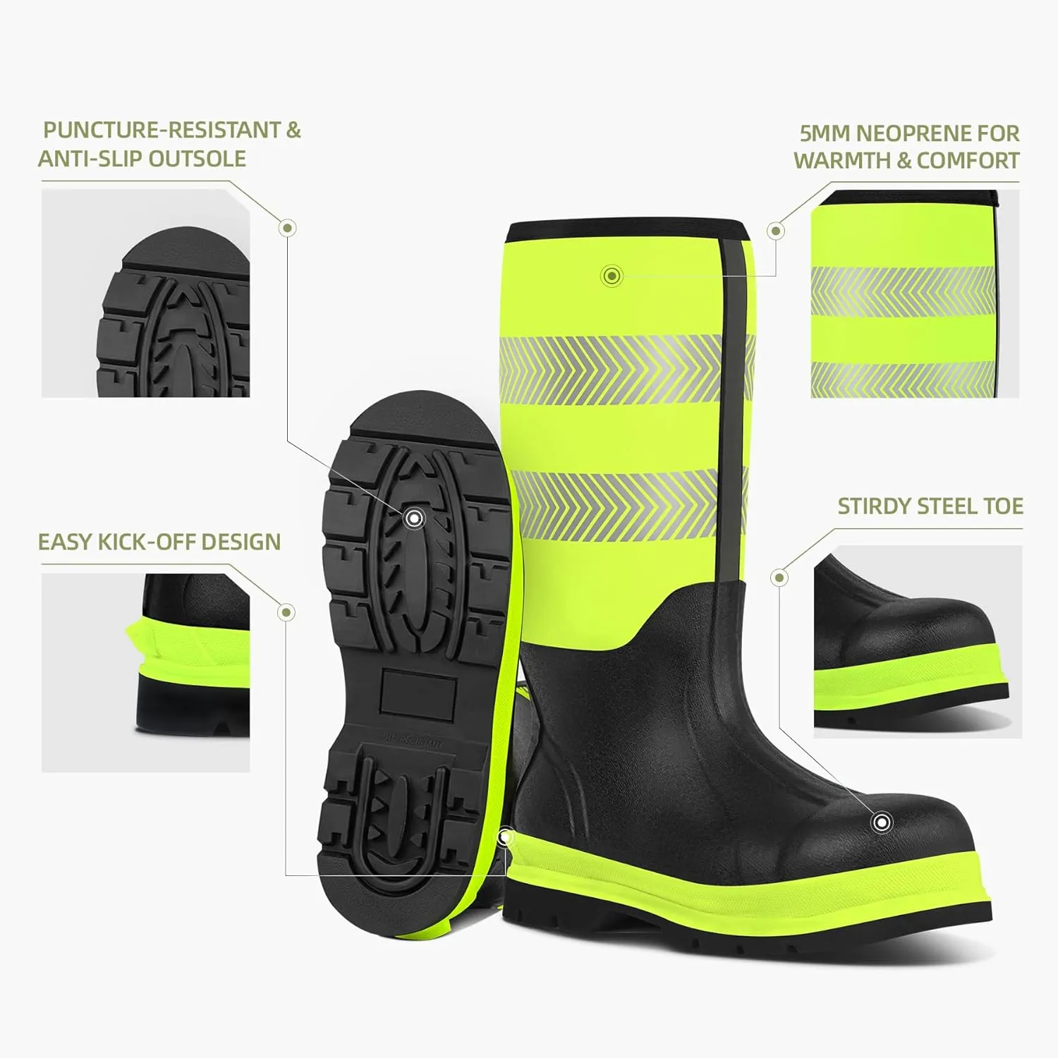 Men's Steel Toe Muck Work Boots  Reflective, Puncture Proof, Oil & Slip Resistant, Rubber & Neoprene, Breathable Safety Boots for Construction, Roadwork, Industrial & Heavy Duty