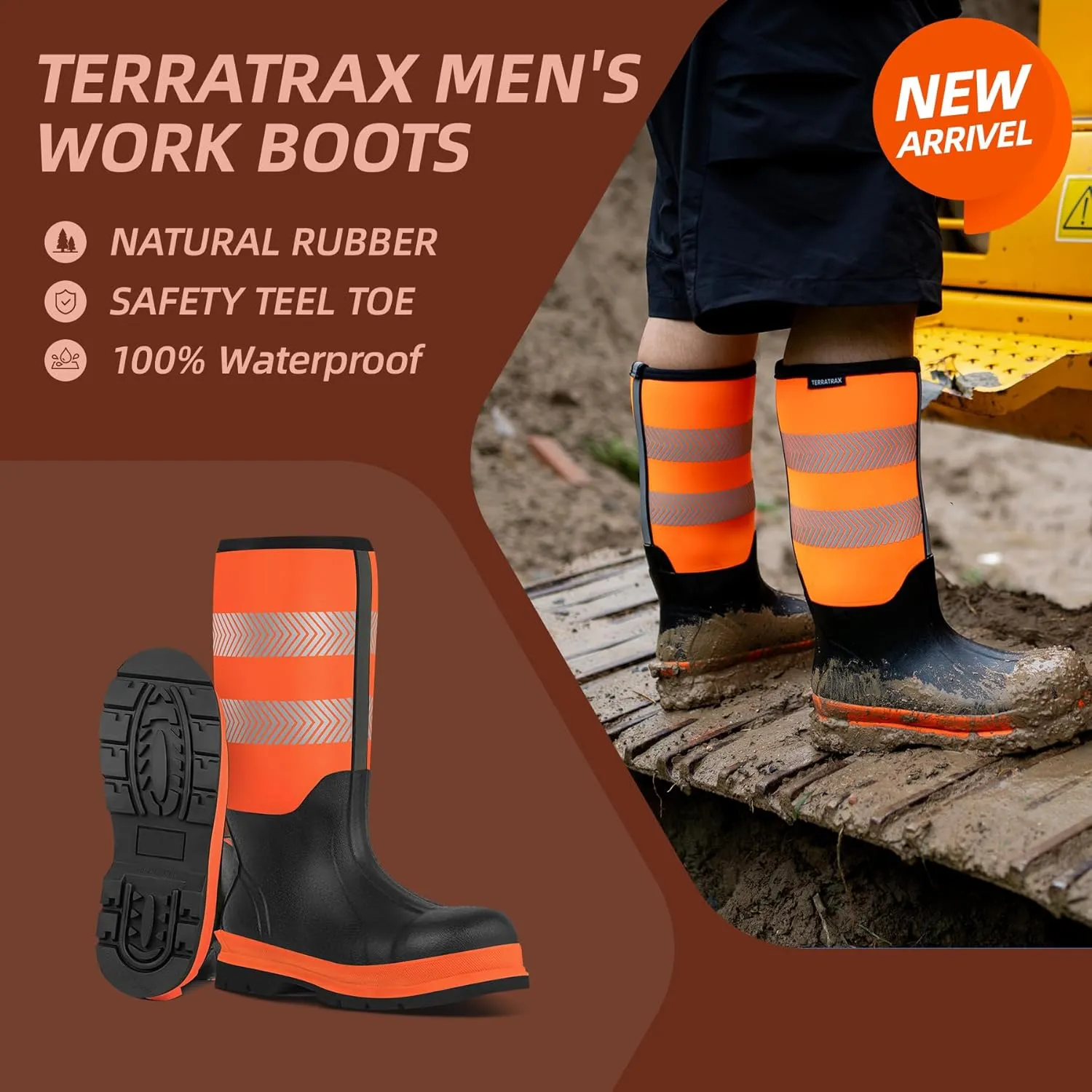 Men's Steel Toe Muck Work Boots  Reflective, Puncture Proof, Oil & Slip Resistant, Rubber & Neoprene, Breathable Safety Boots for Construction, Roadwork, Industrial & Heavy Duty