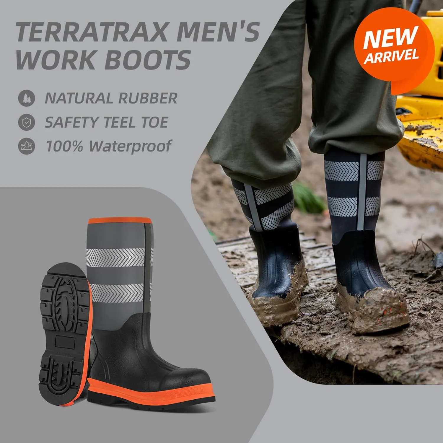 Men's Steel Toe Muck Work Boots  Reflective, Puncture Proof, Oil & Slip Resistant, Rubber & Neoprene, Breathable Safety Boots for Construction, Roadwork, Industrial & Heavy Duty