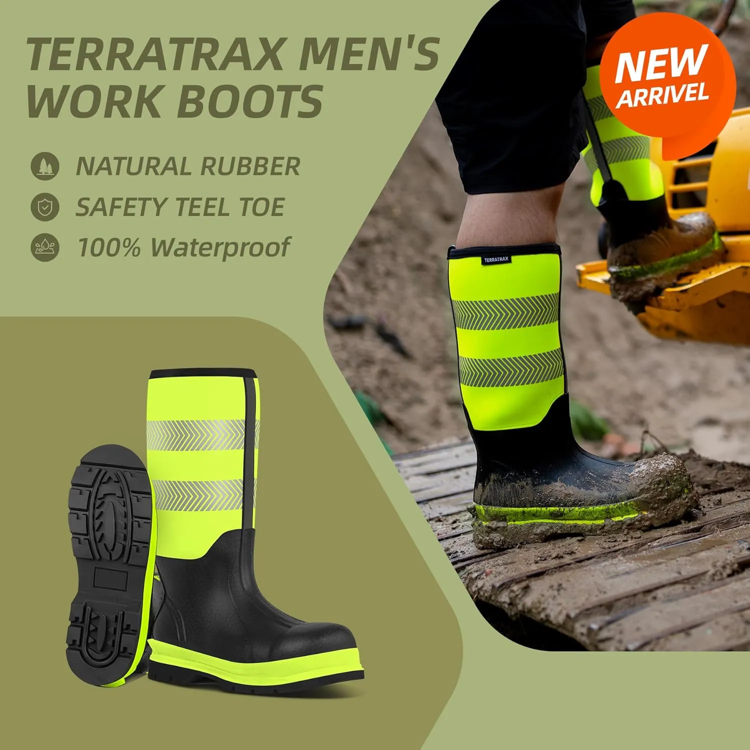 Men's Steel Toe Muck Work Boots  Reflective, Puncture Proof, Oil & Slip Resistant, Rubber & Neoprene, Breathable Safety Boots for Construction, Roadwork, Industrial & Heavy Duty