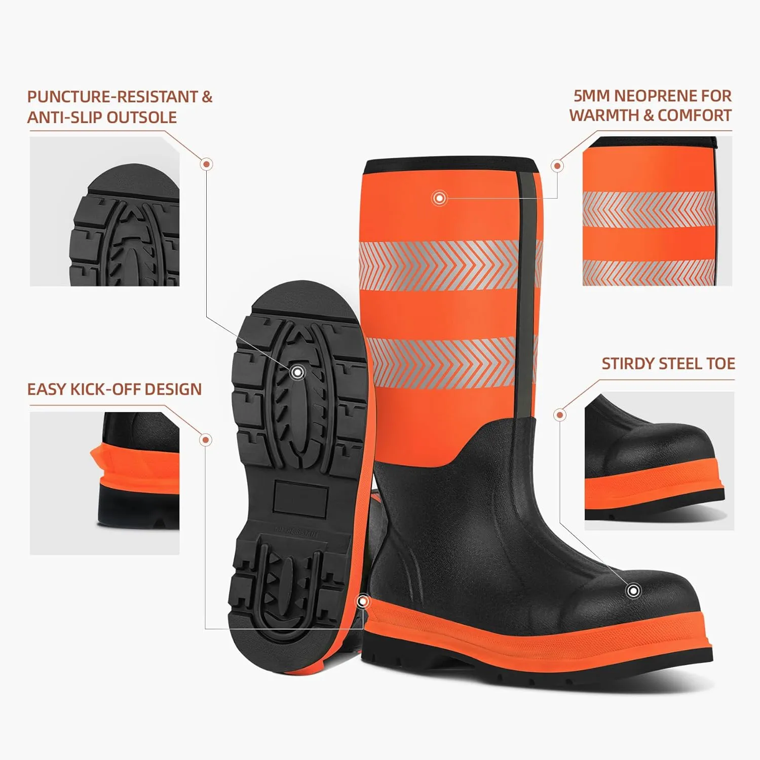 Men's Steel Toe Muck Work Boots  Reflective, Puncture Proof, Oil & Slip Resistant, Rubber & Neoprene, Breathable Safety Boots for Construction, Roadwork, Industrial & Heavy Duty