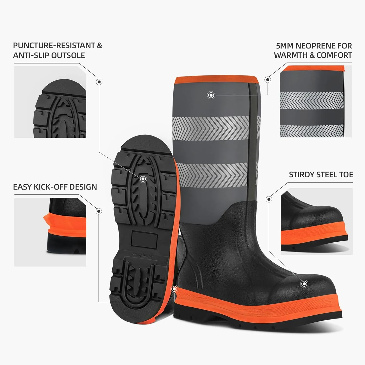 Men's Steel Toe Muck Work Boots  Reflective, Puncture Proof, Oil & Slip Resistant, Rubber & Neoprene, Breathable Safety Boots for Construction, Roadwork, Industrial & Heavy Duty