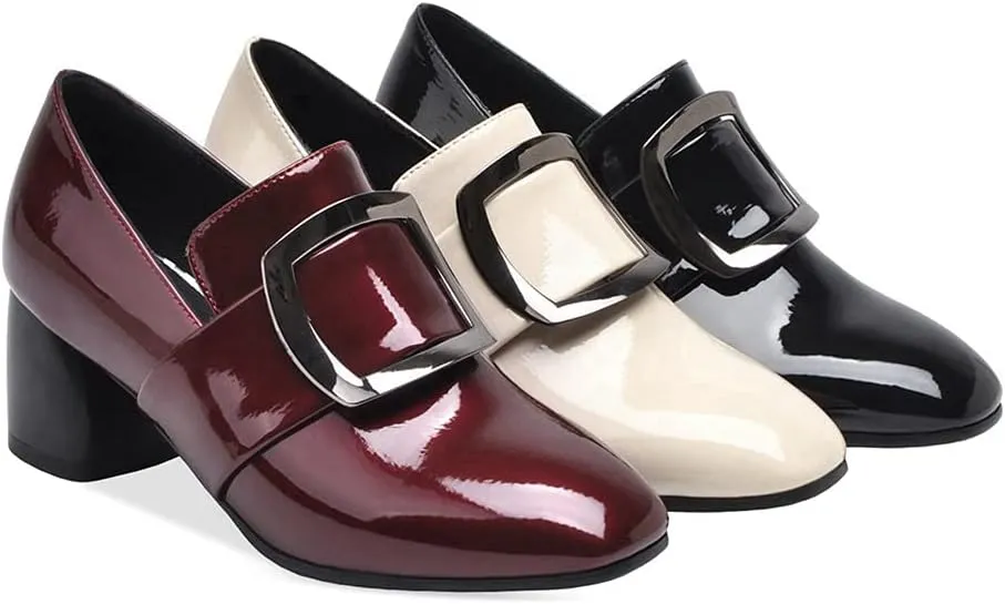 MIOKE Women's Square Toe Slip On Penny Loafers Patent Leather Metallic Comfort Low Heel Dress Oxford Shoes