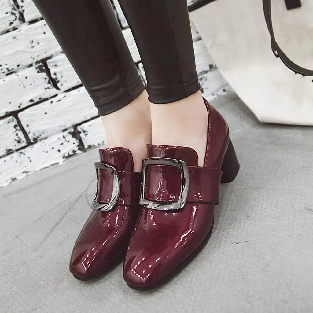 MIOKE Women's Square Toe Slip On Penny Loafers Patent Leather Metallic Comfort Low Heel Dress Oxford Shoes