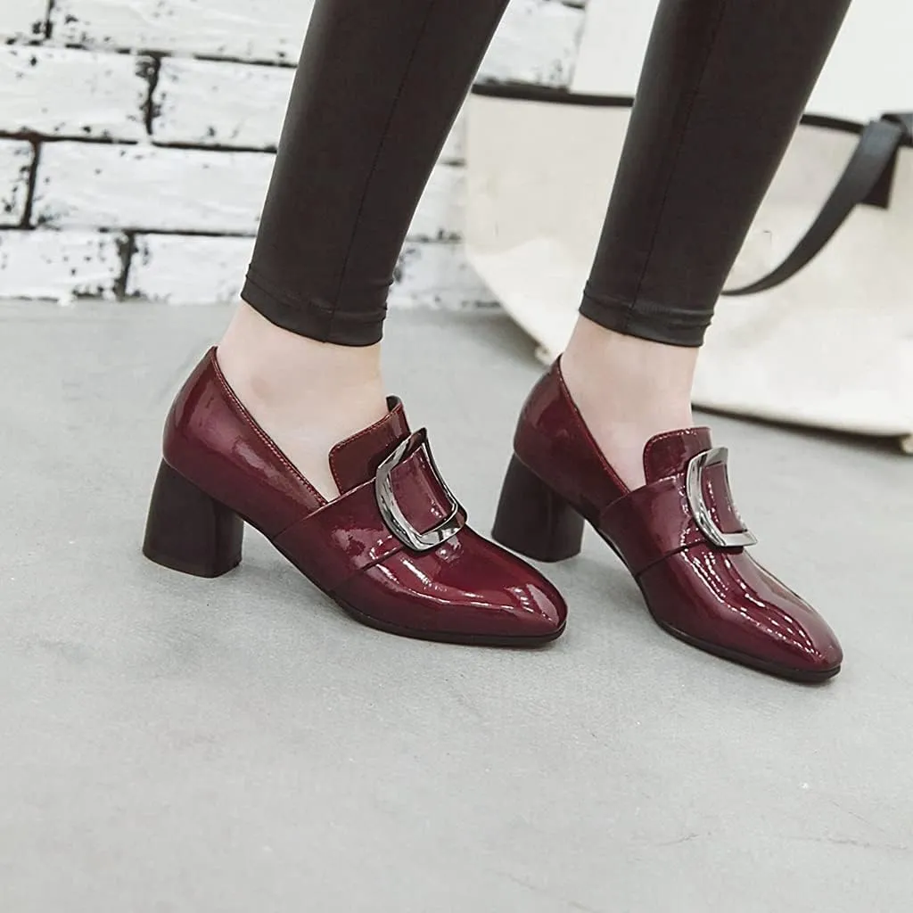 MIOKE Women's Square Toe Slip On Penny Loafers Patent Leather Metallic Comfort Low Heel Dress Oxford Shoes