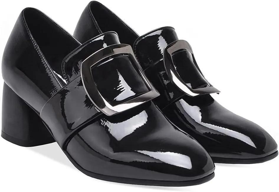 MIOKE Women's Square Toe Slip On Penny Loafers Patent Leather Metallic Comfort Low Heel Dress Oxford Shoes