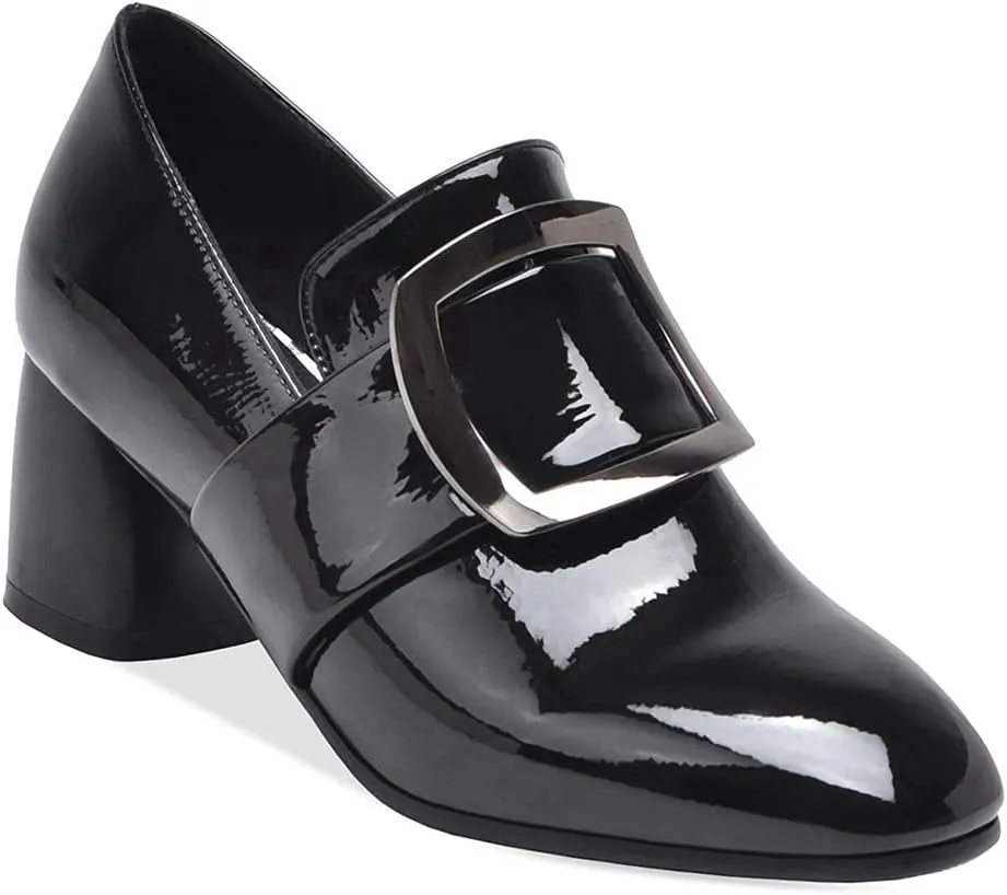 MIOKE Women's Square Toe Slip On Penny Loafers Patent Leather Metallic Comfort Low Heel Dress Oxford Shoes