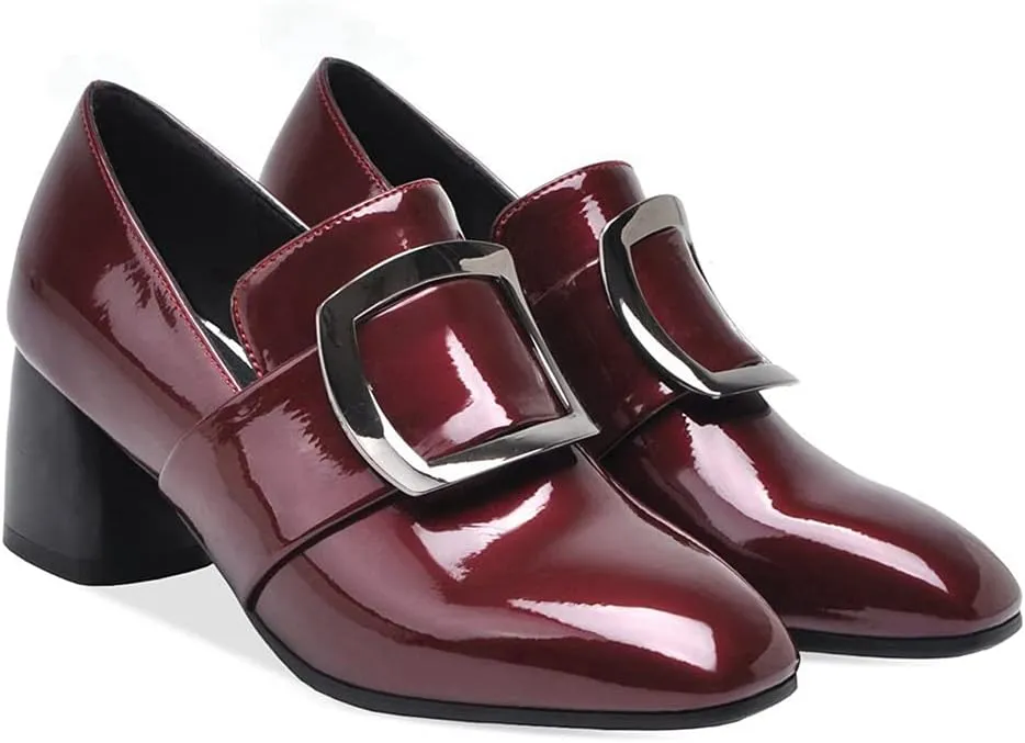 MIOKE Women's Square Toe Slip On Penny Loafers Patent Leather Metallic Comfort Low Heel Dress Oxford Shoes