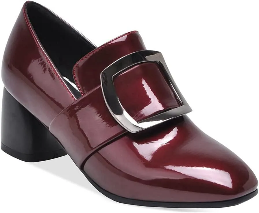 MIOKE Women's Square Toe Slip On Penny Loafers Patent Leather Metallic Comfort Low Heel Dress Oxford Shoes