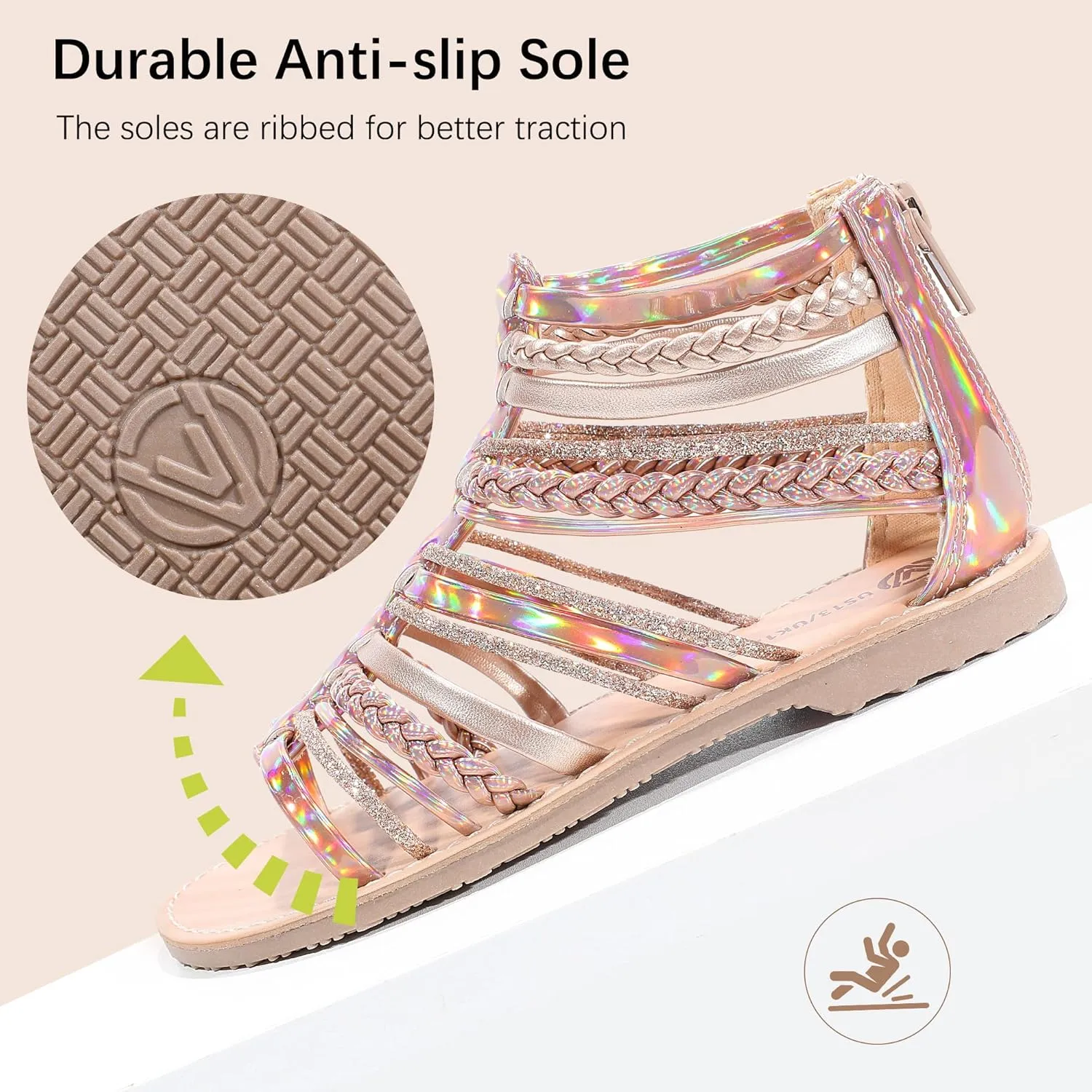 MIXIN Girls Gladiator Sandals Shimmer Strapped Summer Flat Open Toe Ankle Sandals with Heel Zipper for Little/Big Kids