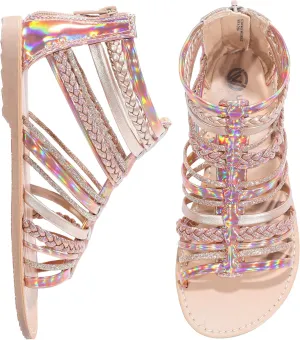 MIXIN Girls Gladiator Sandals Shimmer Strapped Summer Flat Open Toe Ankle Sandals with Heel Zipper for Little/Big Kids