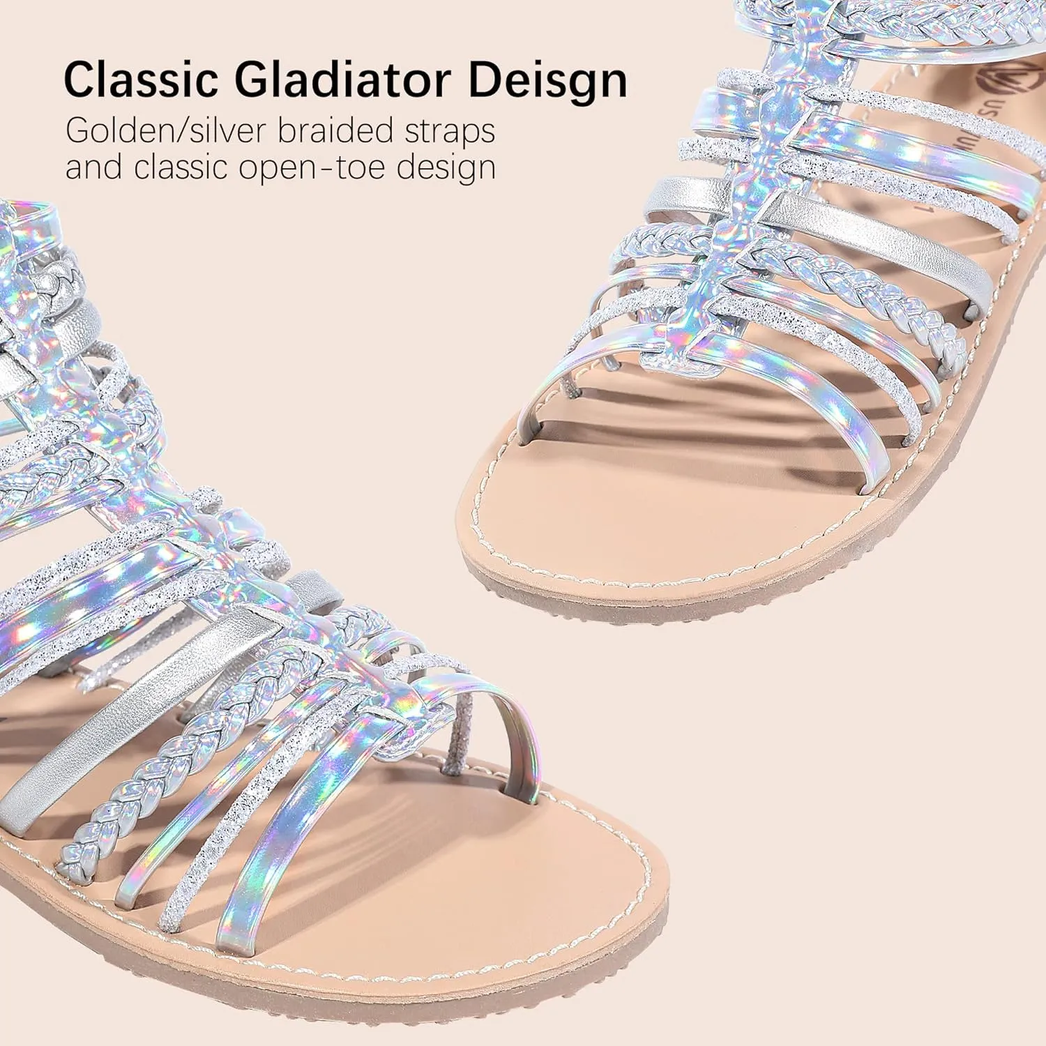 MIXIN Girls Gladiator Sandals Shimmer Strapped Summer Flat Open Toe Ankle Sandals with Heel Zipper for Little/Big Kids