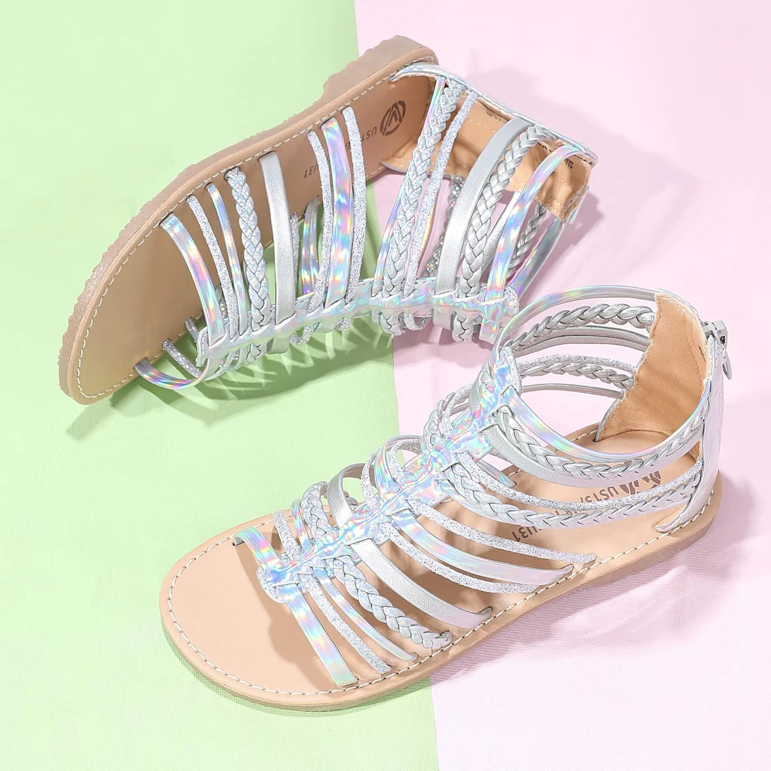 MIXIN Girls Gladiator Sandals Shimmer Strapped Summer Flat Open Toe Ankle Sandals with Heel Zipper for Little/Big Kids