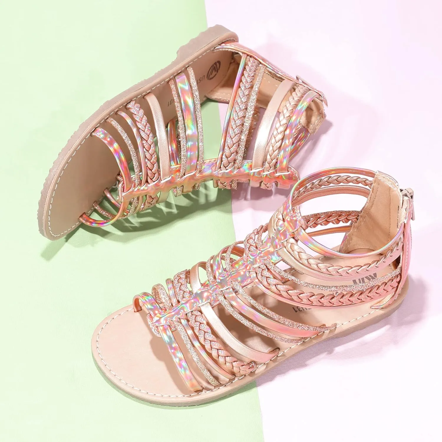 MIXIN Girls Gladiator Sandals Shimmer Strapped Summer Flat Open Toe Ankle Sandals with Heel Zipper for Little/Big Kids