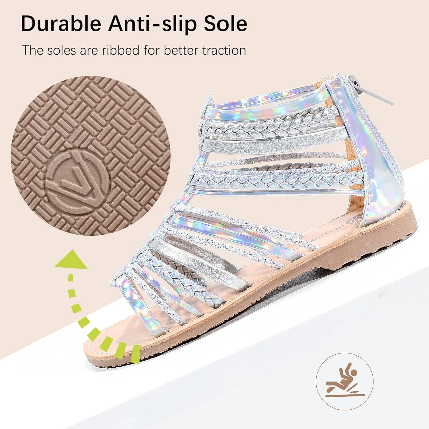 MIXIN Girls Gladiator Sandals Shimmer Strapped Summer Flat Open Toe Ankle Sandals with Heel Zipper for Little/Big Kids